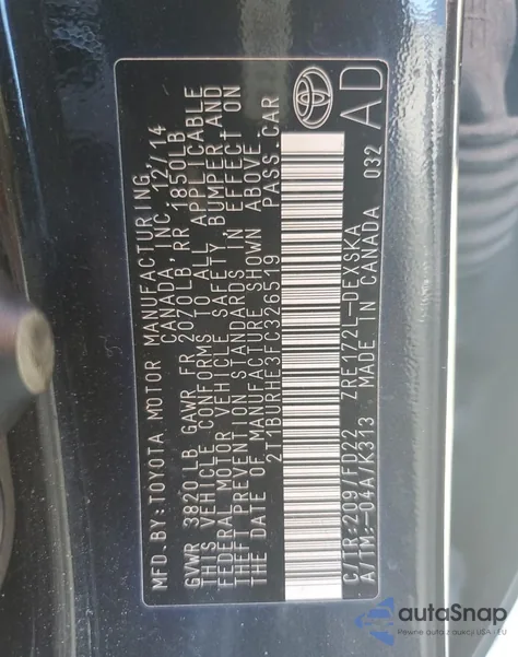 2015 Toyota Corolla L from USA, damaged, VIN 2T1BURHE3FC326519